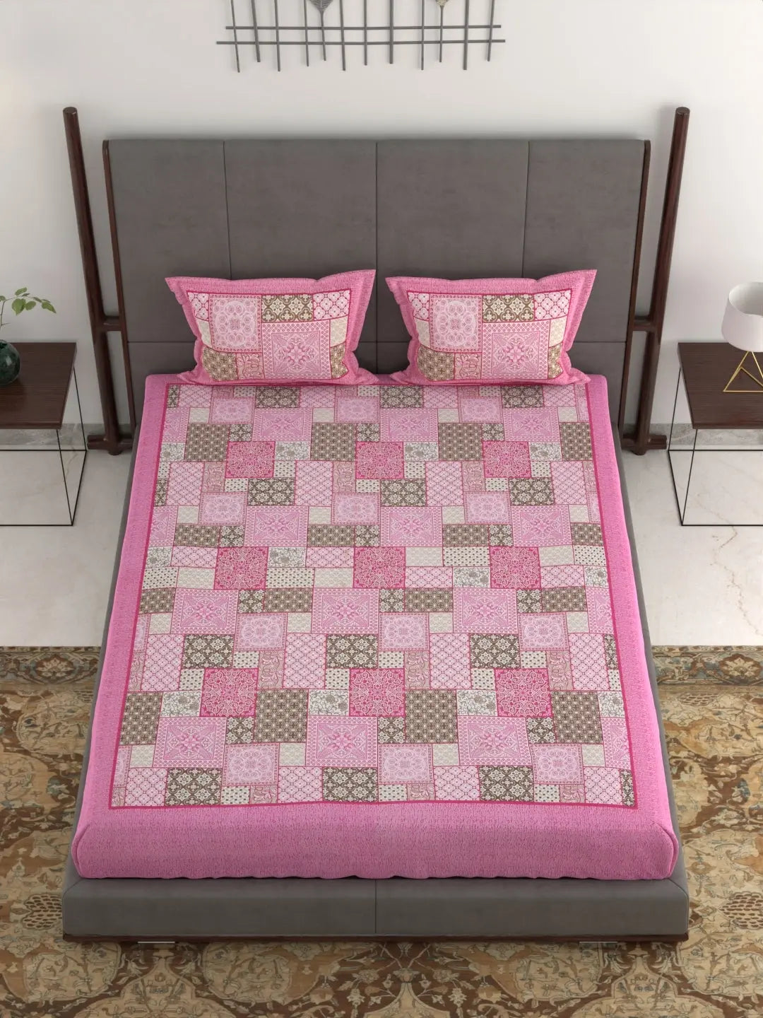 Hand Printed Patchwork Design Cotton Bed Sheet Set – Jumbo King Size 95x108 Inch, 240 Thread Count, Pure Cotton Fabric, Includes 2 Pillow Covers Attractive Sister