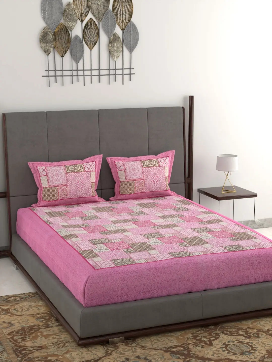 Hand Printed Patchwork Design Cotton Bed Sheet Set – Jumbo King Size 95x108 Inch, 240 Thread Count, Pure Cotton Fabric, Includes 2 Pillow Covers Attractive Sister