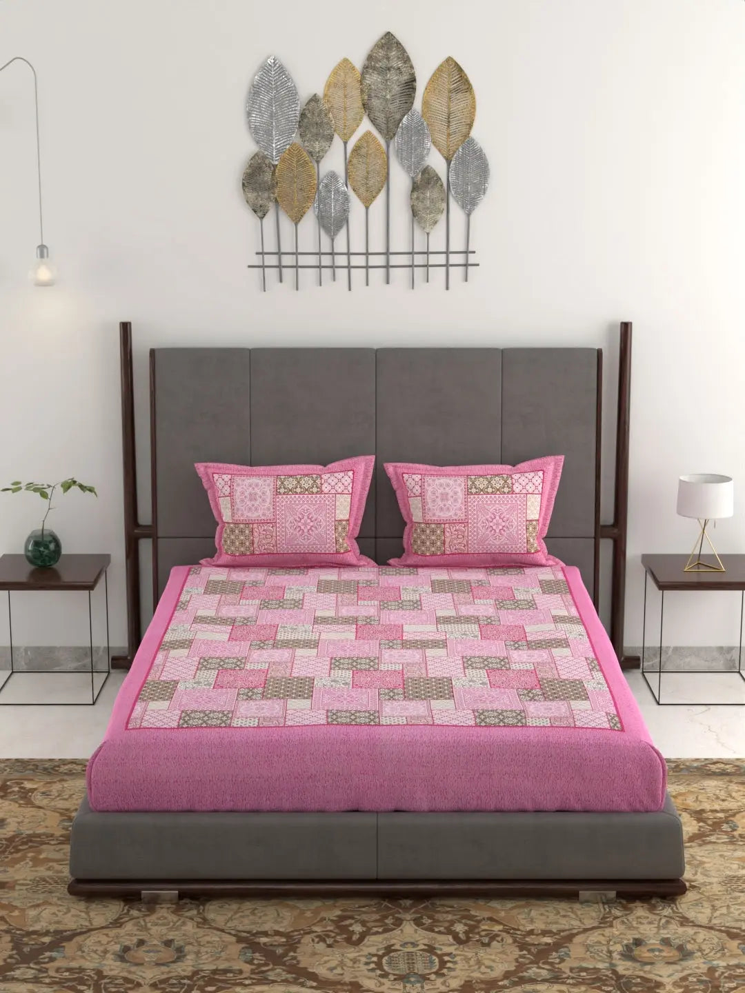 Hand Printed Patchwork Design Cotton Bed Sheet Set – Jumbo King Size 95x108 Inch, 240 Thread Count, Pure Cotton Fabric, Includes 2 Pillow Covers Attractive Sister