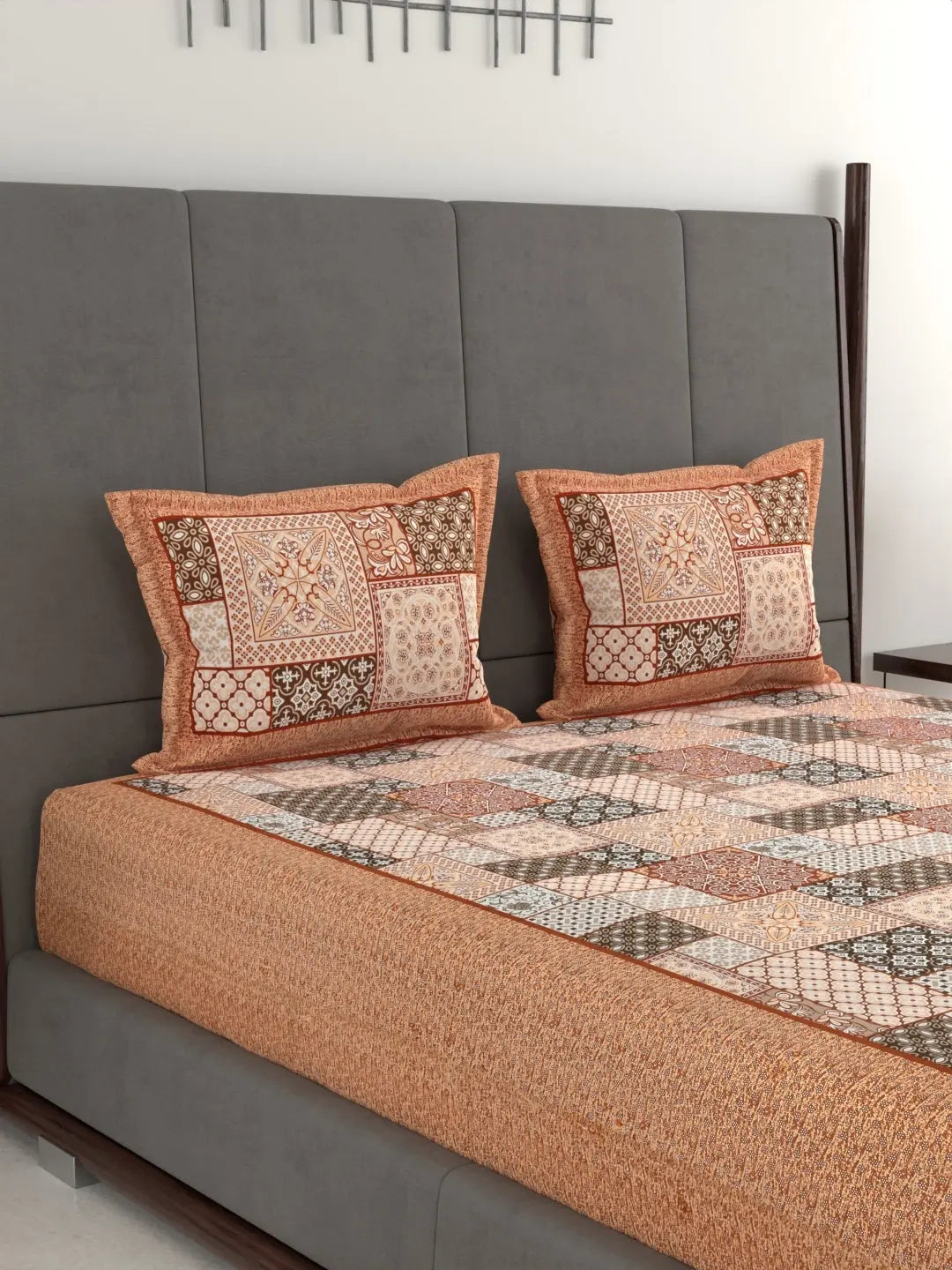 Hand Printed Patchwork Design Cotton Bed Sheet Set – Jumbo King Size 95x108 Inch, 240 Thread Count, Pure Cotton Fabric, Includes 2 Pillow Covers Attractive Sister