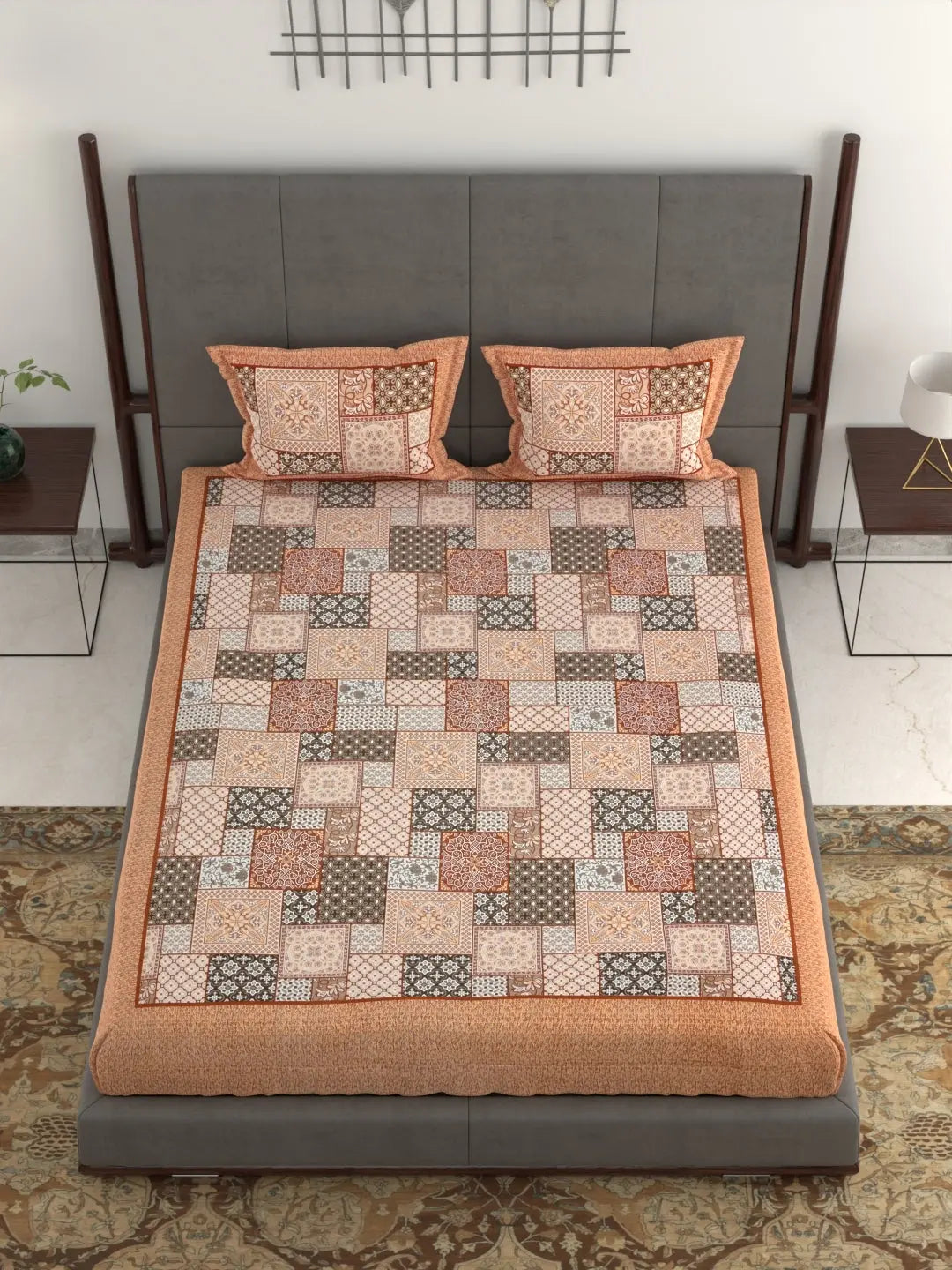 Hand Printed Patchwork Design Cotton Bed Sheet Set – Jumbo King Size 95x108 Inch, 240 Thread Count, Pure Cotton Fabric, Includes 2 Pillow Covers Attractive Sister