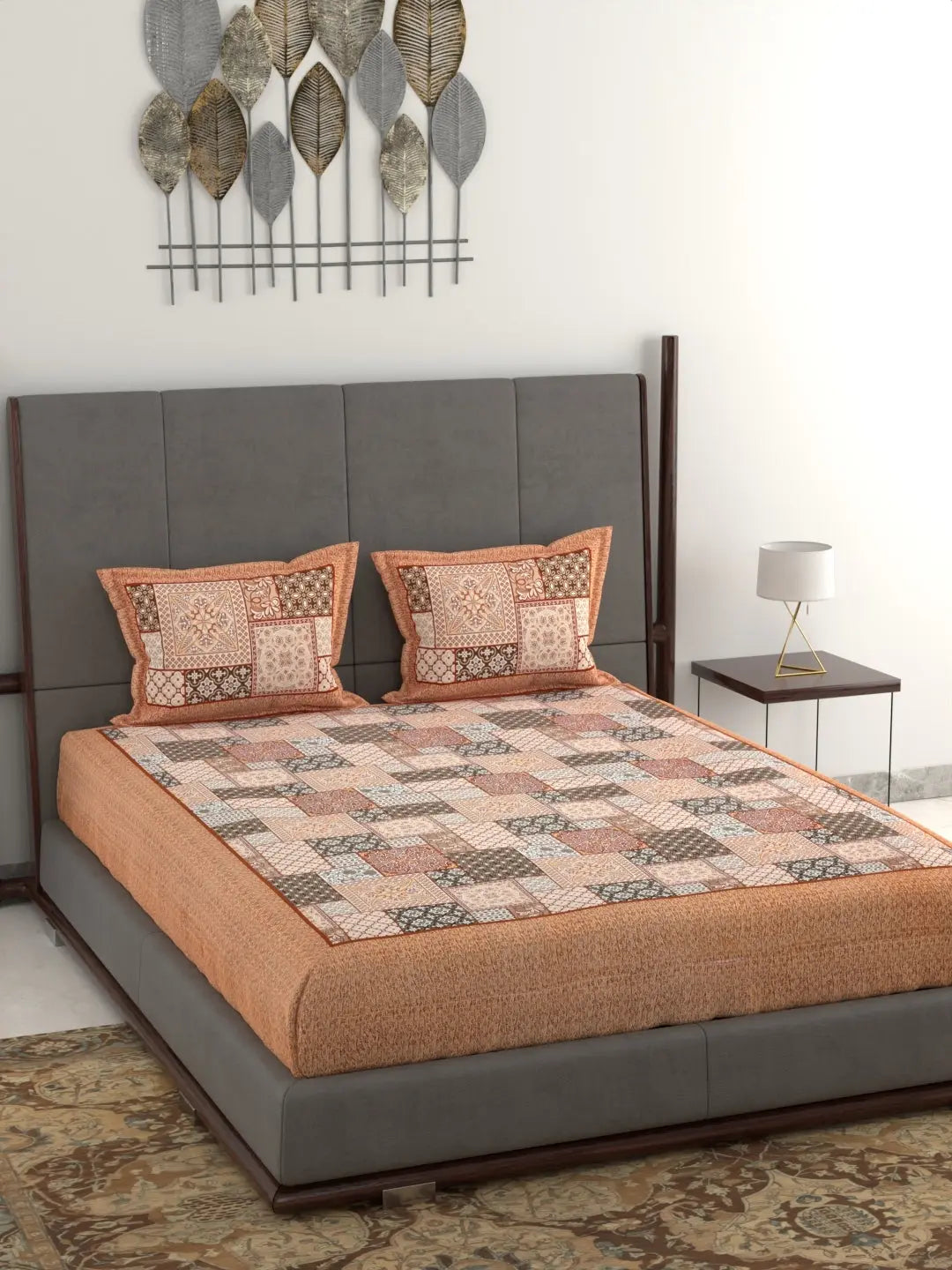 Hand Printed Patchwork Design Cotton Bed Sheet Set – Jumbo King Size 95x108 Inch, 240 Thread Count, Pure Cotton Fabric, Includes 2 Pillow Covers Attractive Sister