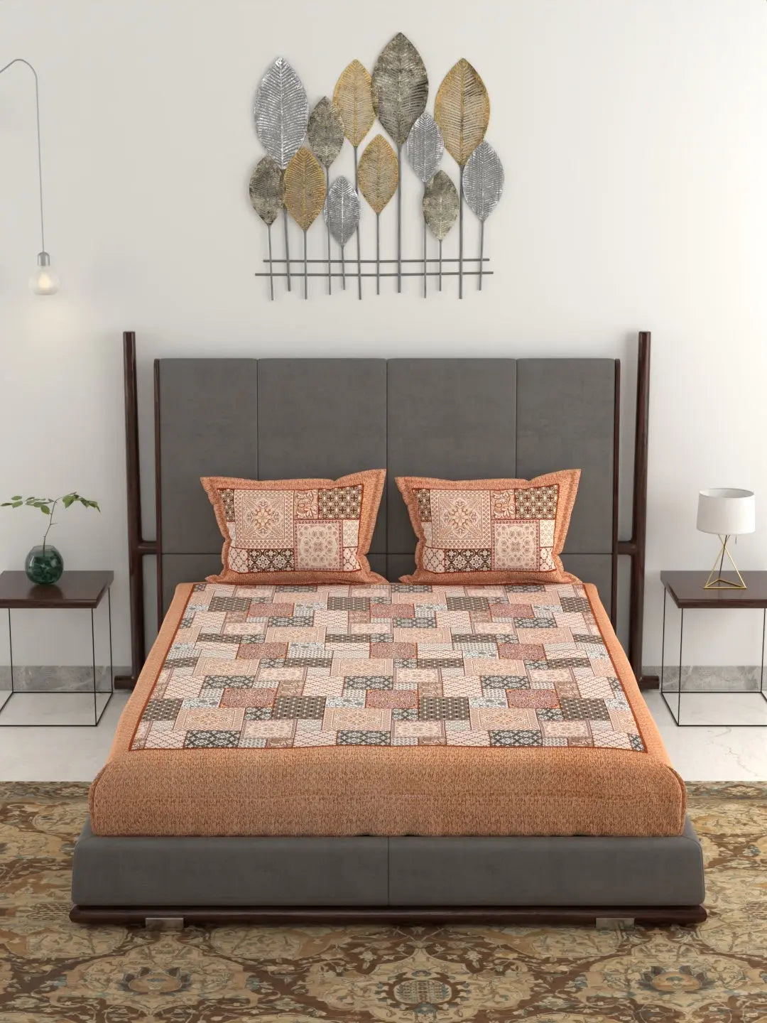 Hand Printed Patchwork Design Cotton Bed Sheet Set – Jumbo King Size 95x108 Inch, 240 Thread Count, Pure Cotton Fabric, Includes 2 Pillow Covers Attractive Sister