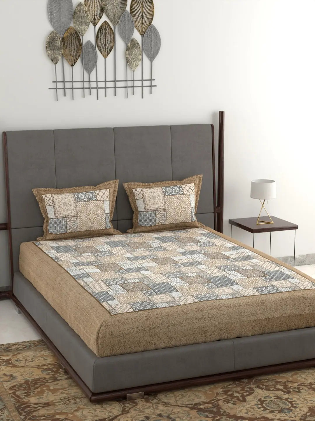 Hand Printed Patchwork Design Cotton Bed Sheet Set – Jumbo King Size 95x108 Inch, 240 Thread Count, Pure Cotton Fabric, Includes 2 Pillow Covers Attractive Sister