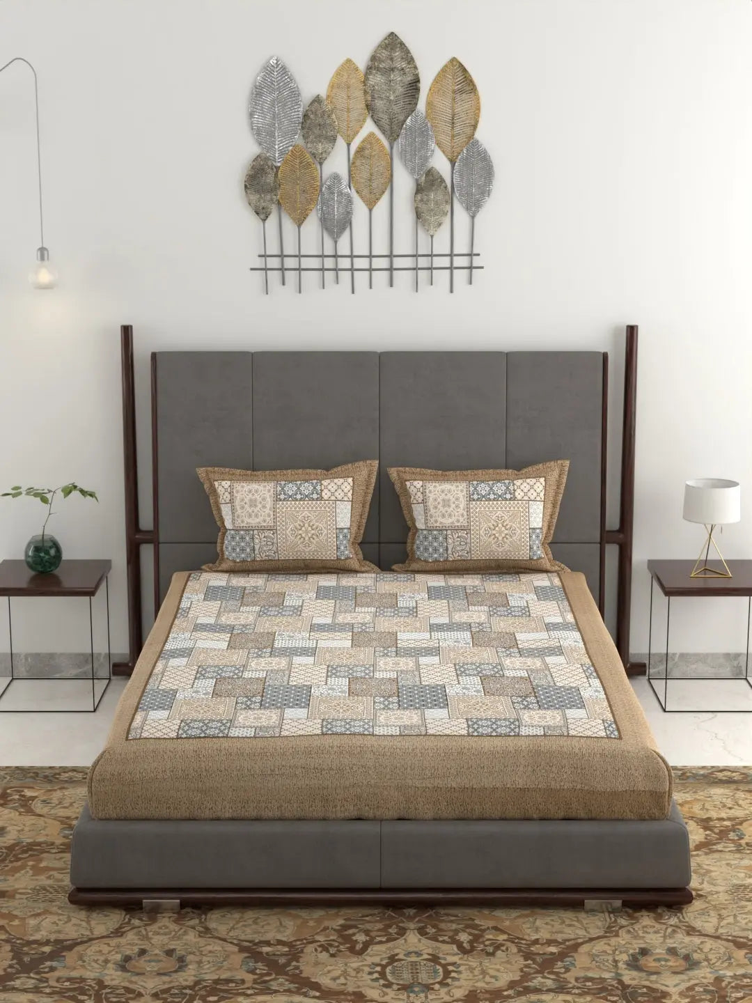 Hand Printed Patchwork Design Cotton Bed Sheet Set – Jumbo King Size 95x108 Inch, 240 Thread Count, Pure Cotton Fabric, Includes 2 Pillow Covers Attractive Sister