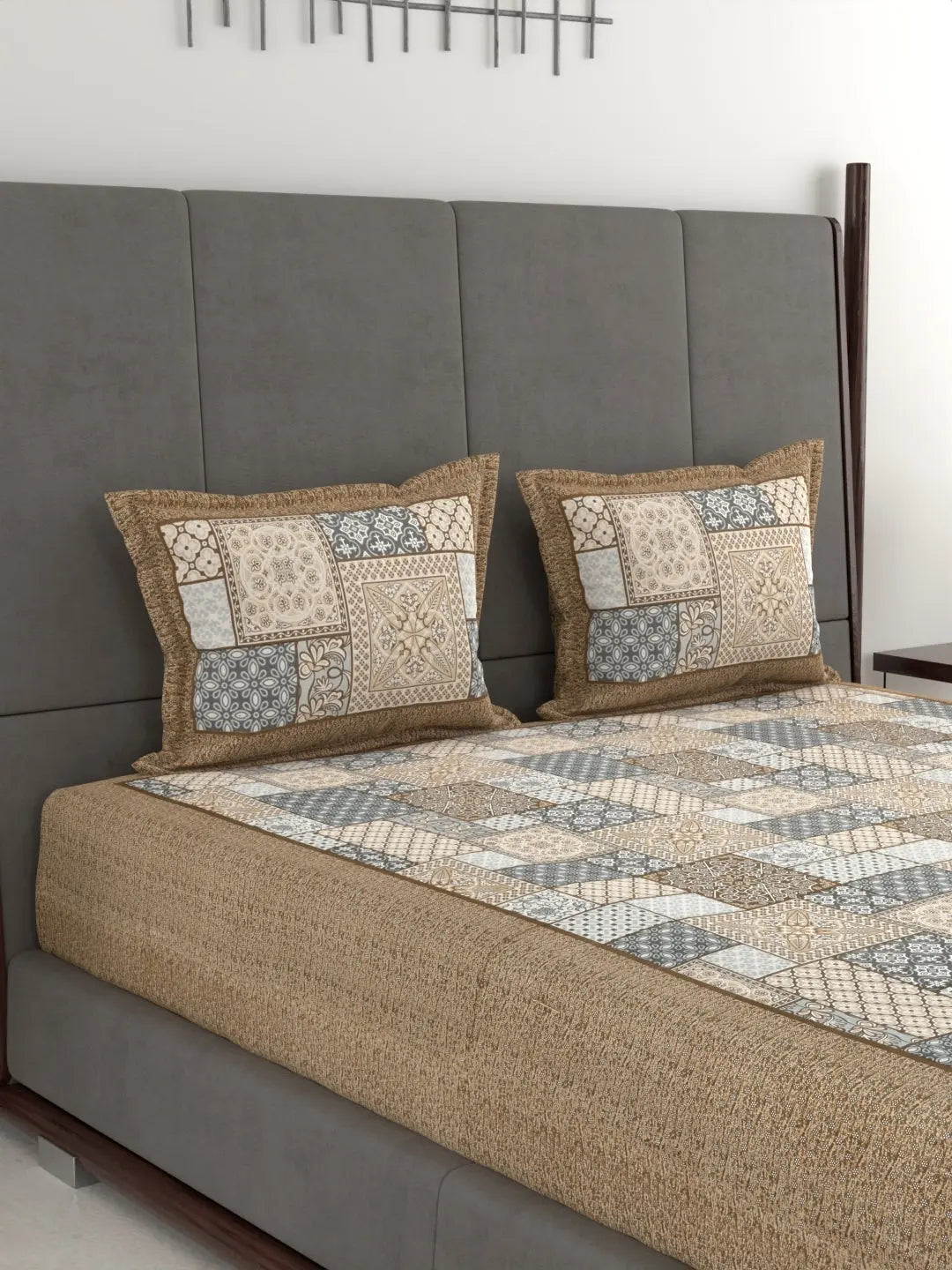 Hand Printed Patchwork Design Cotton Bed Sheet Set – Jumbo King Size 95x108 Inch, 240 Thread Count, Pure Cotton Fabric, Includes 2 Pillow Covers Attractive Sister