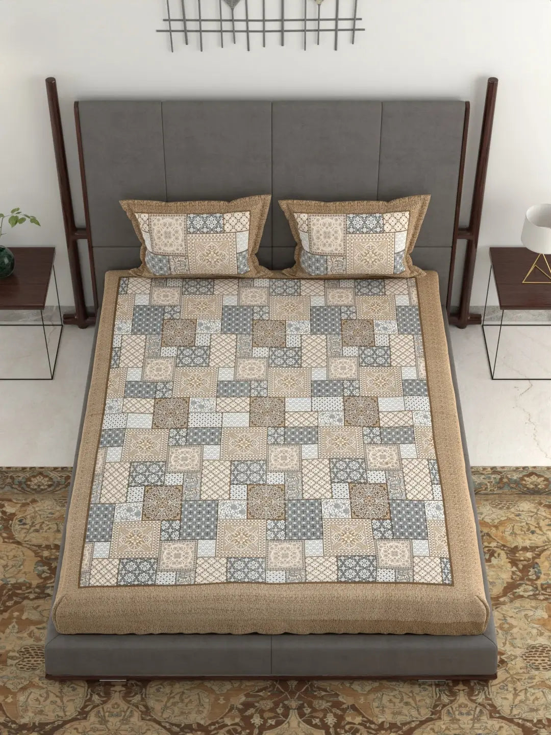 Hand Printed Patchwork Design Cotton Bed Sheet Set – Jumbo King Size 95x108 Inch, 240 Thread Count, Pure Cotton Fabric, Includes 2 Pillow Covers Attractive Sister
