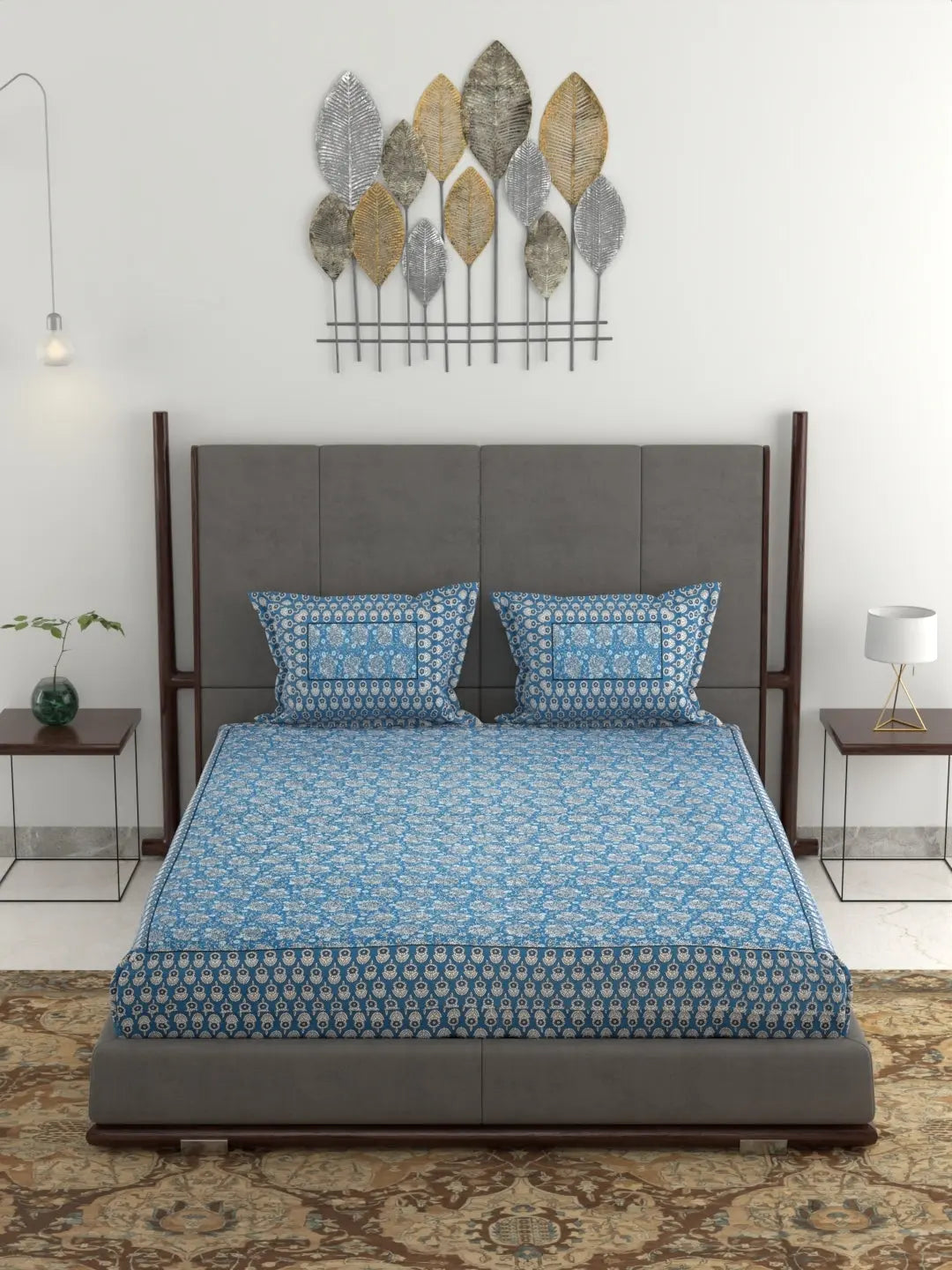 Jumbo King Size Hand Printed Cotton Bed Sheet Set – 95x108 Inch, 240 Thread Count, Pure Cotton Fabric, Hand Block Print Design, Includes 1 Bed Sheet & 2 Pillow Covers Attractive Sister