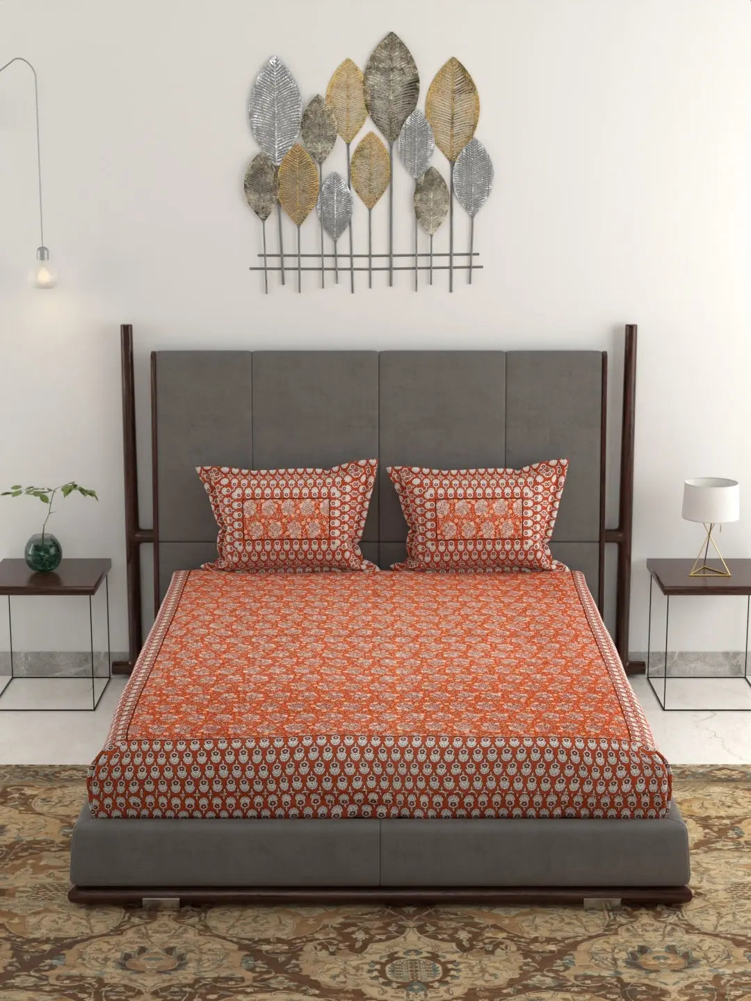 Jumbo King Size Hand Printed Cotton Bed Sheet Set – 95x108 Inch, 240 Thread Count, Pure Cotton Fabric, Hand Block Print Design, Includes 1 Bed Sheet & 2 Pillow Covers Attractive Sister