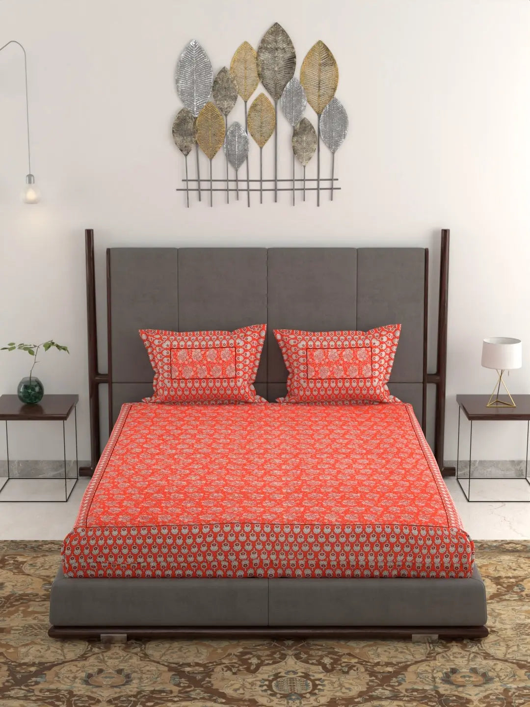 Jumbo King Size Hand Printed Cotton Bed Sheet Set – 95x108 Inch, 240 Thread Count, Pure Cotton Fabric, Hand Block Print Design, Includes 1 Bed Sheet & 2 Pillow Covers Attractive Sister