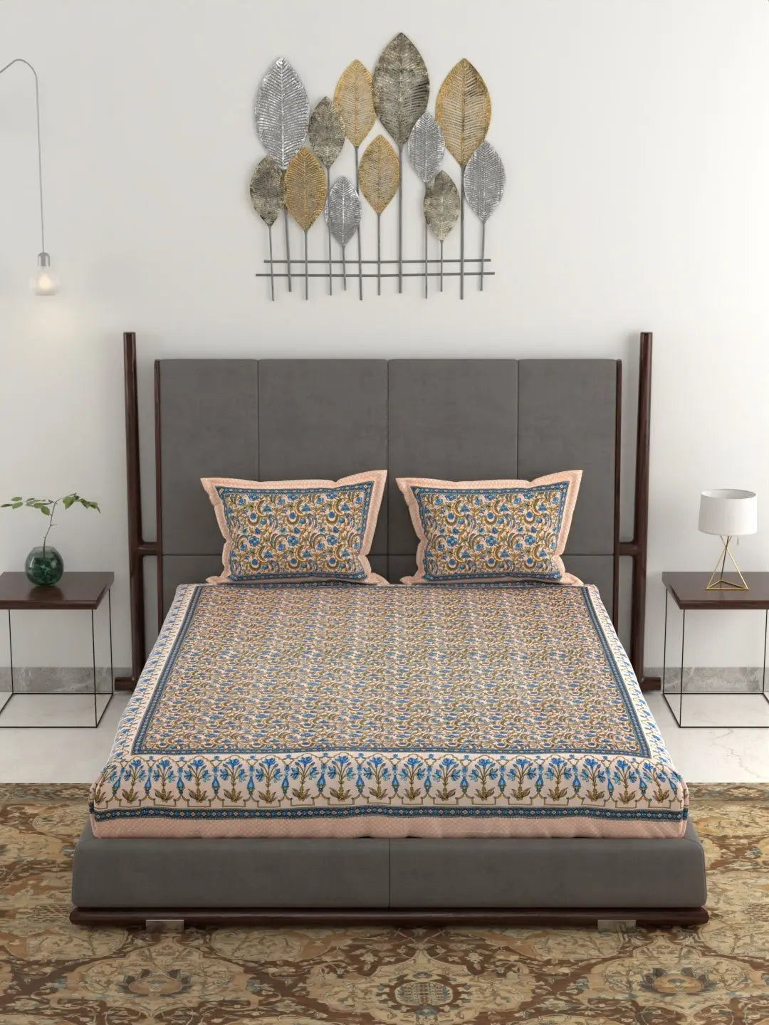 Jumbo King Size Hand Printed Cotton Bed Sheet Set – 95x108 Inch, 240 Thread Count, Pure Cotton Fabric, Hand Block Print Design, Includes 1 Bed Sheet & 2 Pillow Covers Attractive Sister