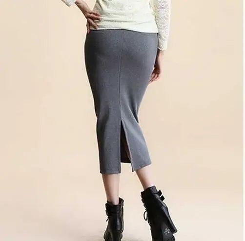 Mid-waist Rib Knitted Sheath Split Skirt CJ
