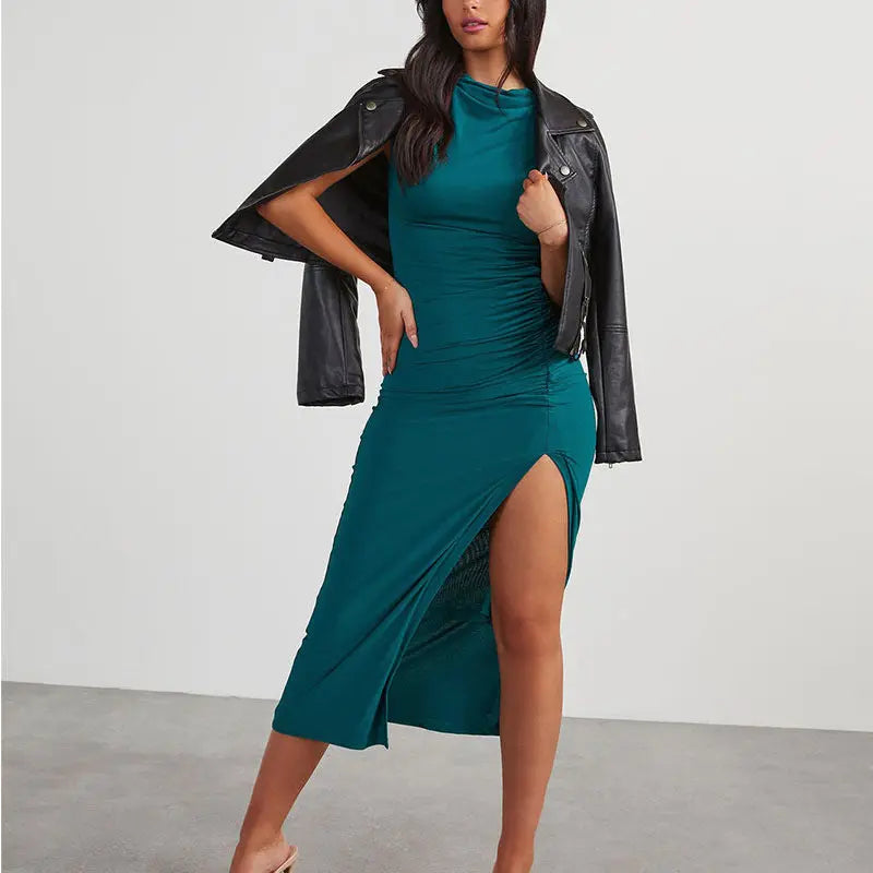 European And American Solid Color Slim-fit Sheath Dress Temperament Split CJ