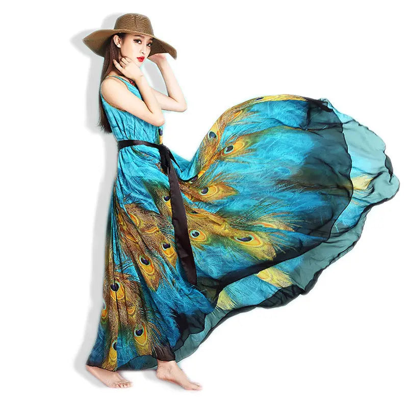 Women's Bohemian Feather Printed Chiffon Dress CJ