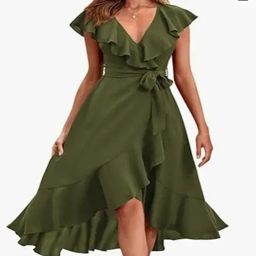 Women's V-neck Short Sleeve Ruffles Long Tie Dress CJ