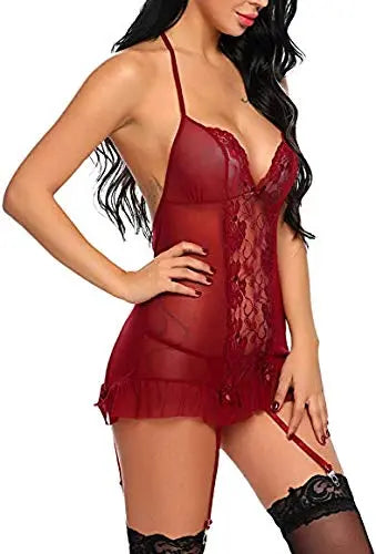 Women's Sexy Lingerie Set - Lace Sheer Babydoll with Adjustable Garters and Deep V-Neck - Available in Red and White Attractive Sister