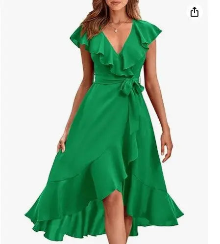 Women's V-neck Short Sleeve Ruffles Long Tie Dress CJ