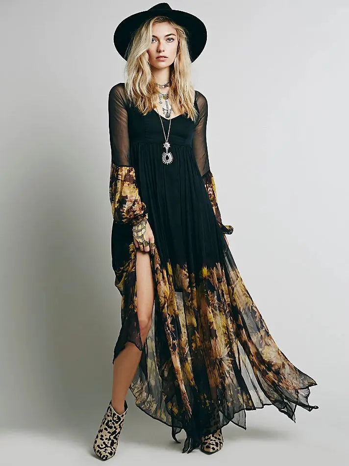 European And American Low V-neck Pleated Chiffon Dress Irregular Hem CJ