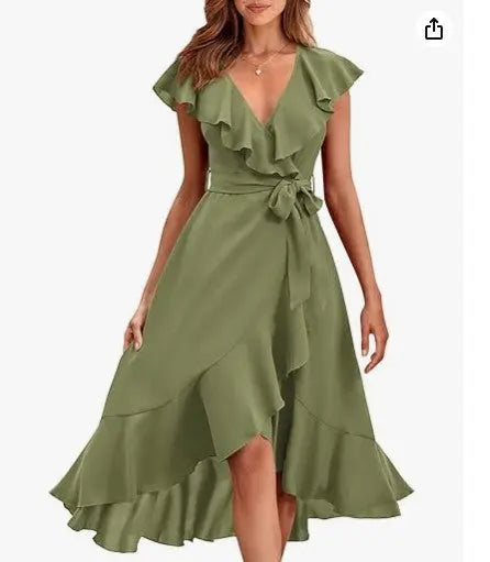 Women's V-neck Short Sleeve Ruffles Long Tie Dress CJ