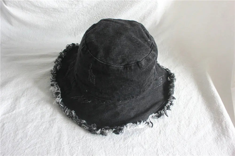 Summer Sunshade Raw Edge Denim Bucket Hat Women CJ