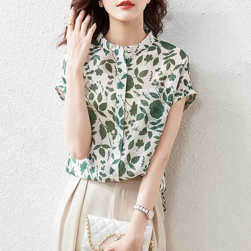 Chiffon Shirt Women's Short-sleeved Floral Top Fashionable Stylish French Printed Shirt Thin CJ