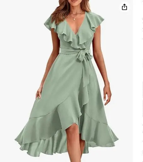 Women's V-neck Short Sleeve Ruffles Long Tie Dress CJ