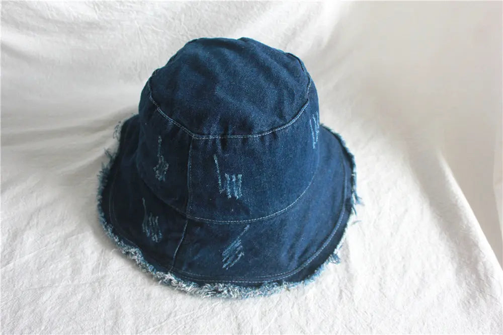 Summer Sunshade Raw Edge Denim Bucket Hat Women CJ