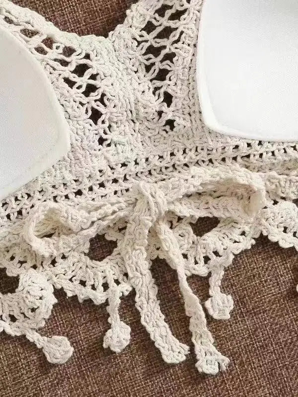Lace-up Halterneck Exposed Vest Female Openwork Knitted Top CJ