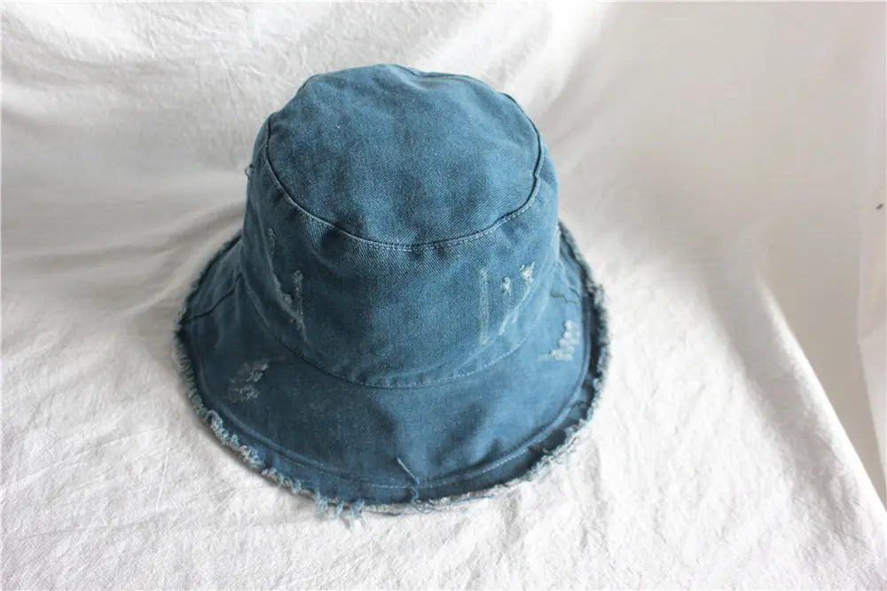 Summer Sunshade Raw Edge Denim Bucket Hat Women CJ
