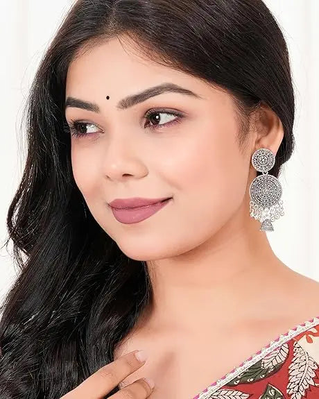 Earrings for Women Traditional Silver AZ838-OXidised Jhumka Set | German Silver Chand Baliyan & Jhumkas Earrings | Birthday & Anniversary Gift -AZ838-OX-ER30 Attractive Sister