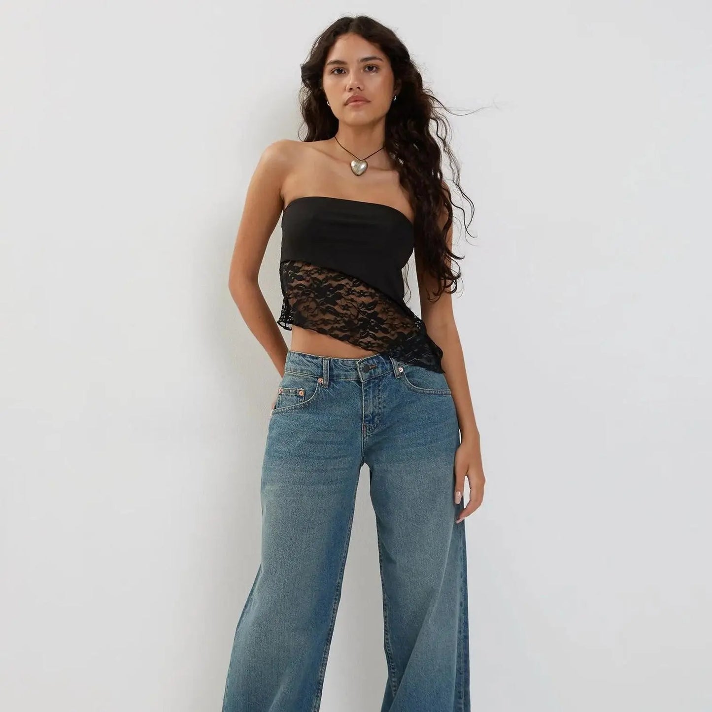 Women's Mesh Lace Top Spring Sexy Black Knitted Top CJ