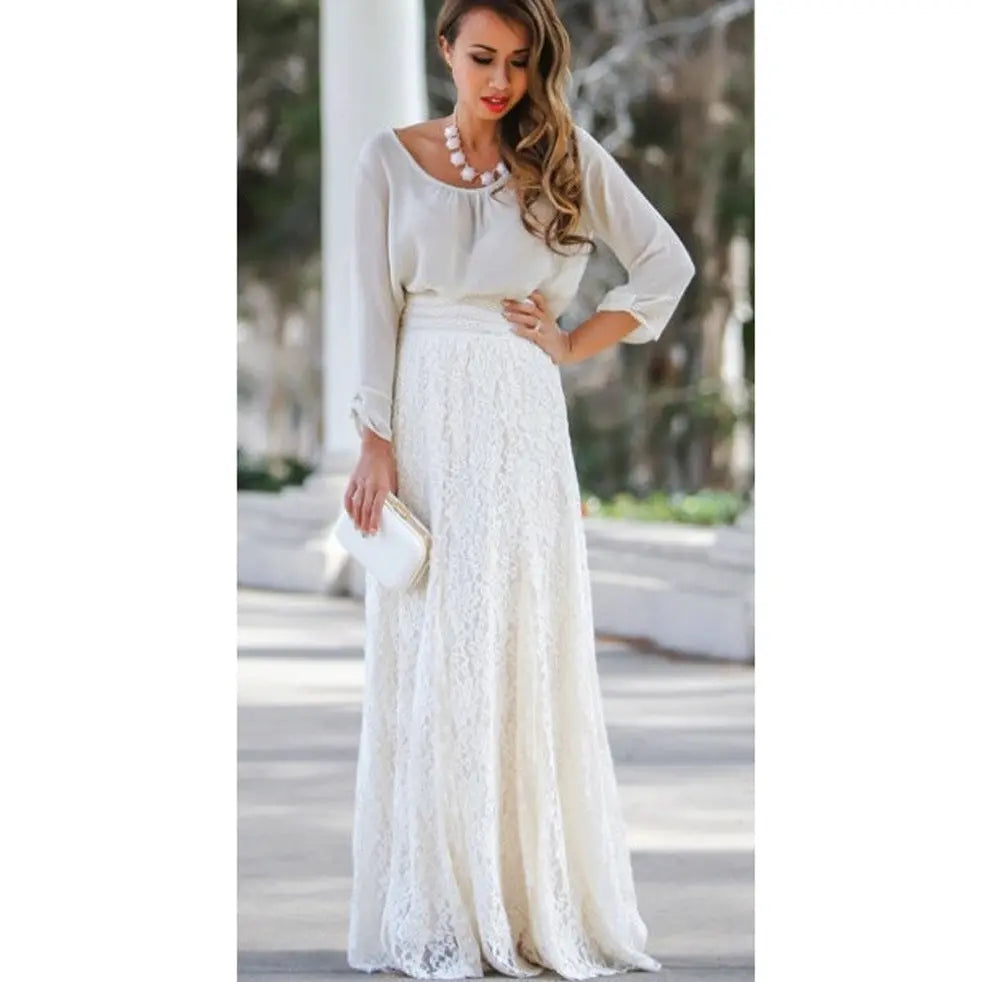 European And American Slim-fit Slimming High Waist Hollow-out Lace Skirt Mid-length Big Hem Umbrella Skirt CJ