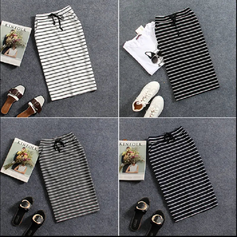 Black And White Striped Casual Pocket Mid-length Bag Hip Skirt CJ