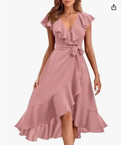 Women's V-neck Short Sleeve Ruffles Long Tie Dress CJ