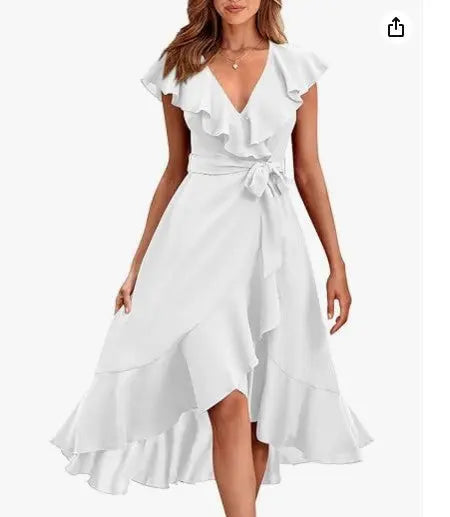 Women's V-neck Short Sleeve Ruffles Long Tie Dress CJ