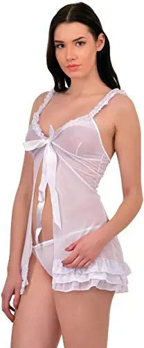Women's Sexy Lingerie Set - Lace Trimmed Babydoll Sleepwear with Ruffled Hem and Bowknot Front - Available in Pink and White Attractive Sister