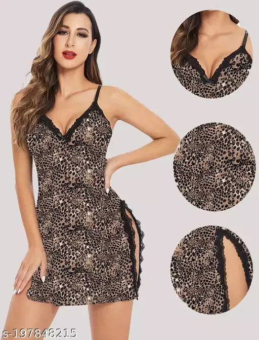 Women's Leopard Print Lace Trim Babydoll Lingerie Nightwear – Sexy Sleepwear with Adjustable Straps Attractive Sister