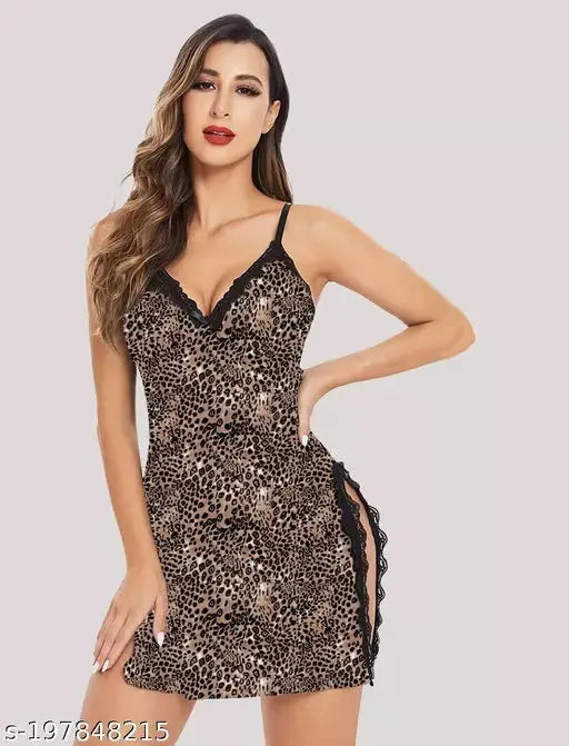 Women's Leopard Print Lace Trim Babydoll Lingerie Nightwear – Sexy Sleepwear with Adjustable Straps Attractive Sister