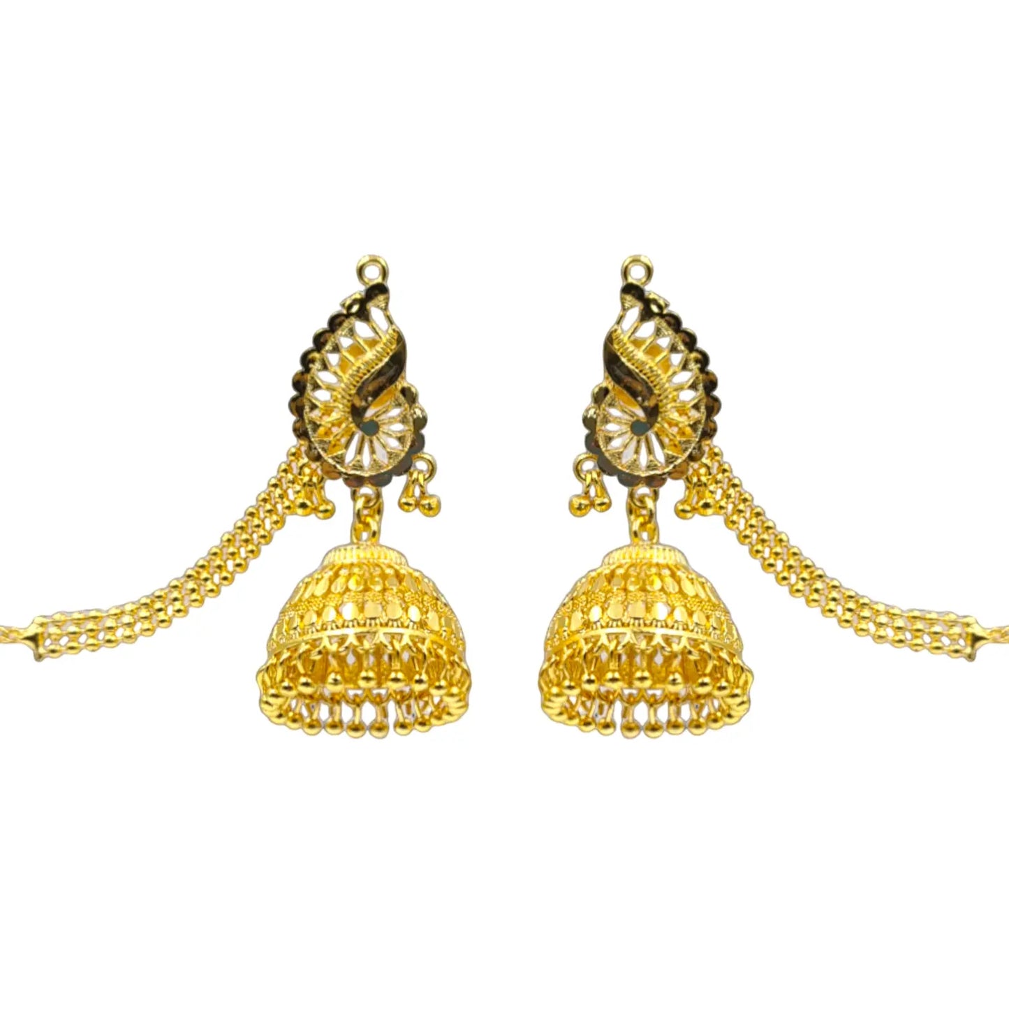 Gold Plated Jhumka Earrings with Hair Chain – Bridal & Ethnic Jewelry Attractive Sister