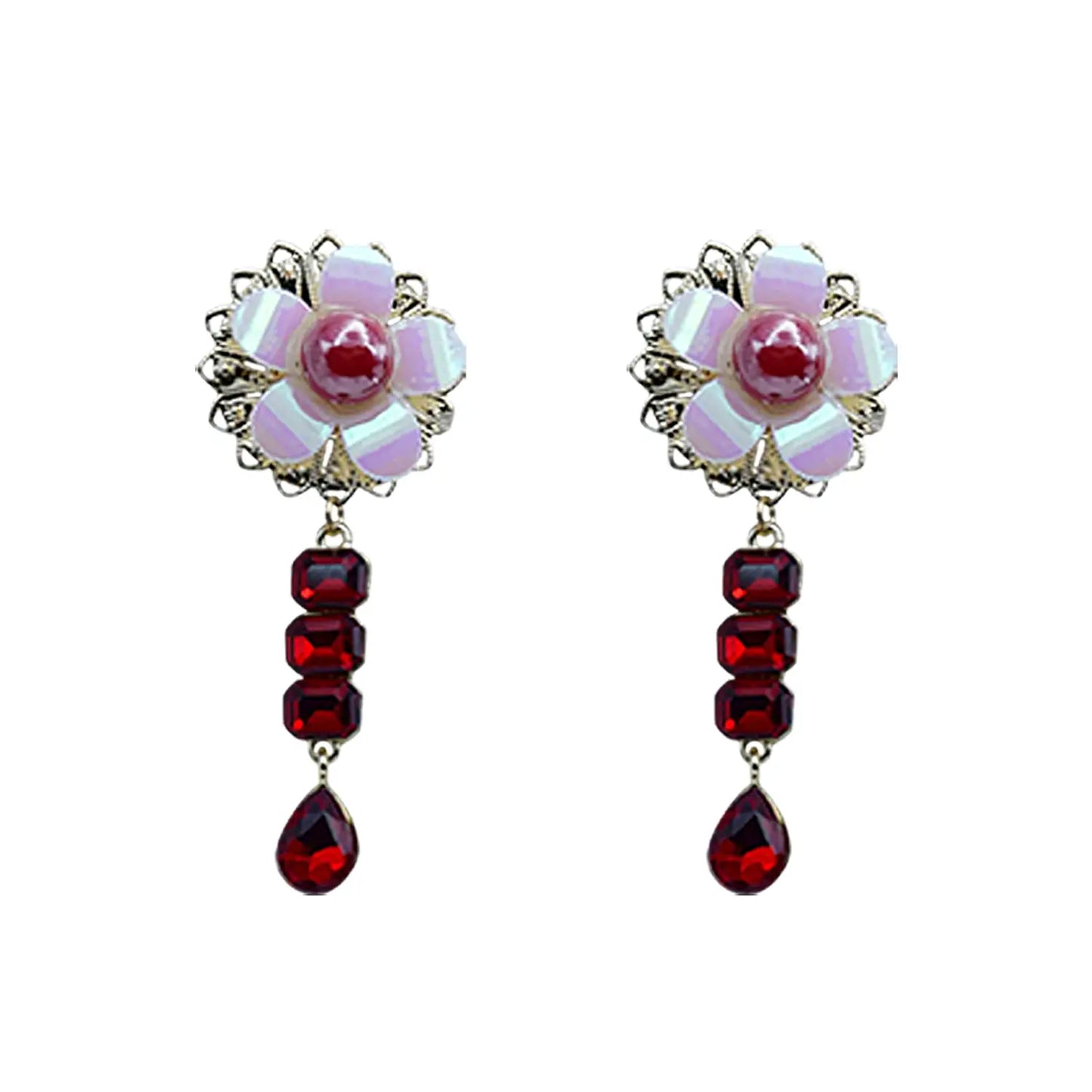"Gilded Opulence: Red Rhinestone and Pearl Drop Earrings" Attractive Sister
