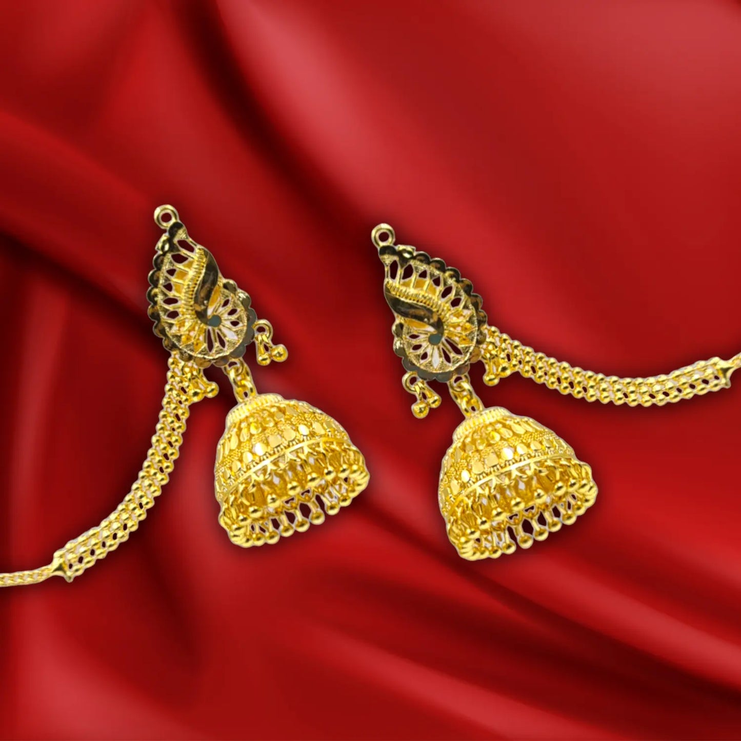 Gold Plated Jhumka Earrings with Hair Chain – Bridal & Ethnic Jewelry Attractive Sister