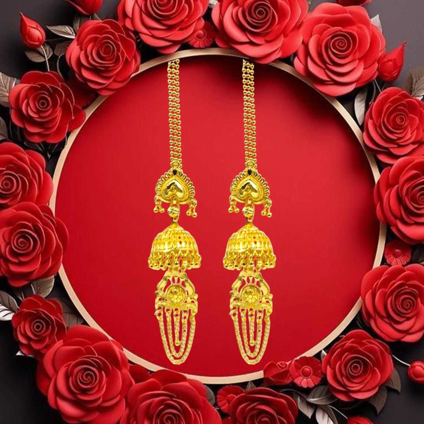 Attractive Sister Gold Plated Jhumka Earrings with Hair Chain – Royal Ethnic Jewelry for Women Attractive Sister