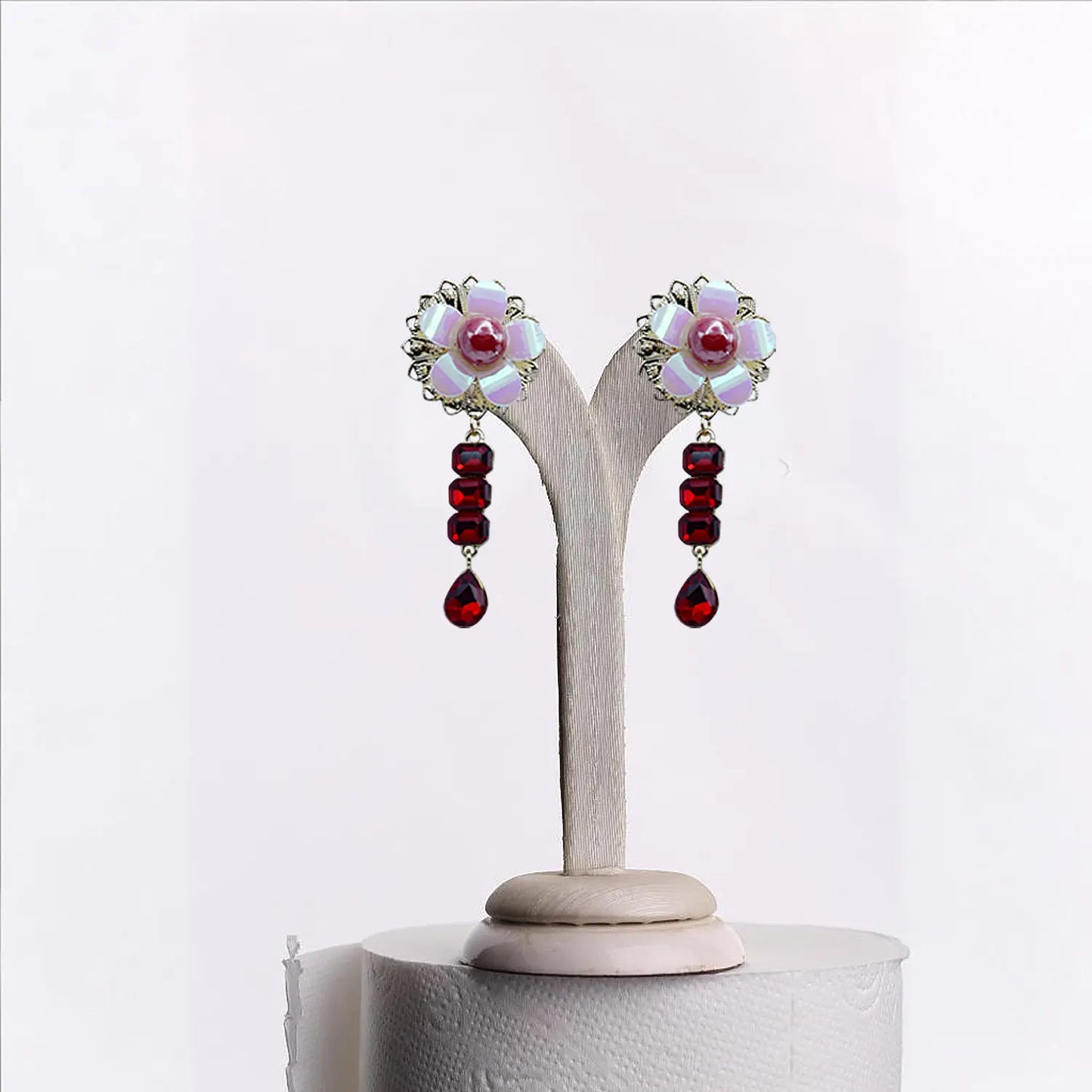 "Gilded Opulence: Red Rhinestone and Pearl Drop Earrings" Attractive Sister