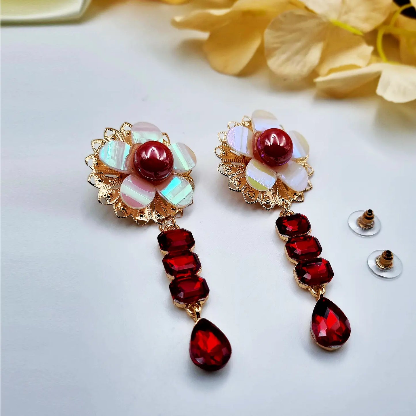 "Gilded Opulence: Red Rhinestone and Pearl Drop Earrings" Attractive Sister