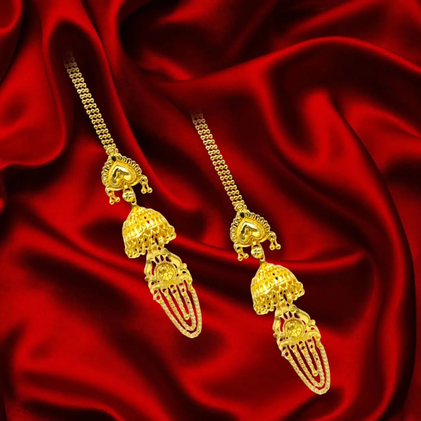 Attractive Sister Gold Plated Jhumka Earrings with Hair Chain – Royal Ethnic Jewelry for Women Attractive Sister