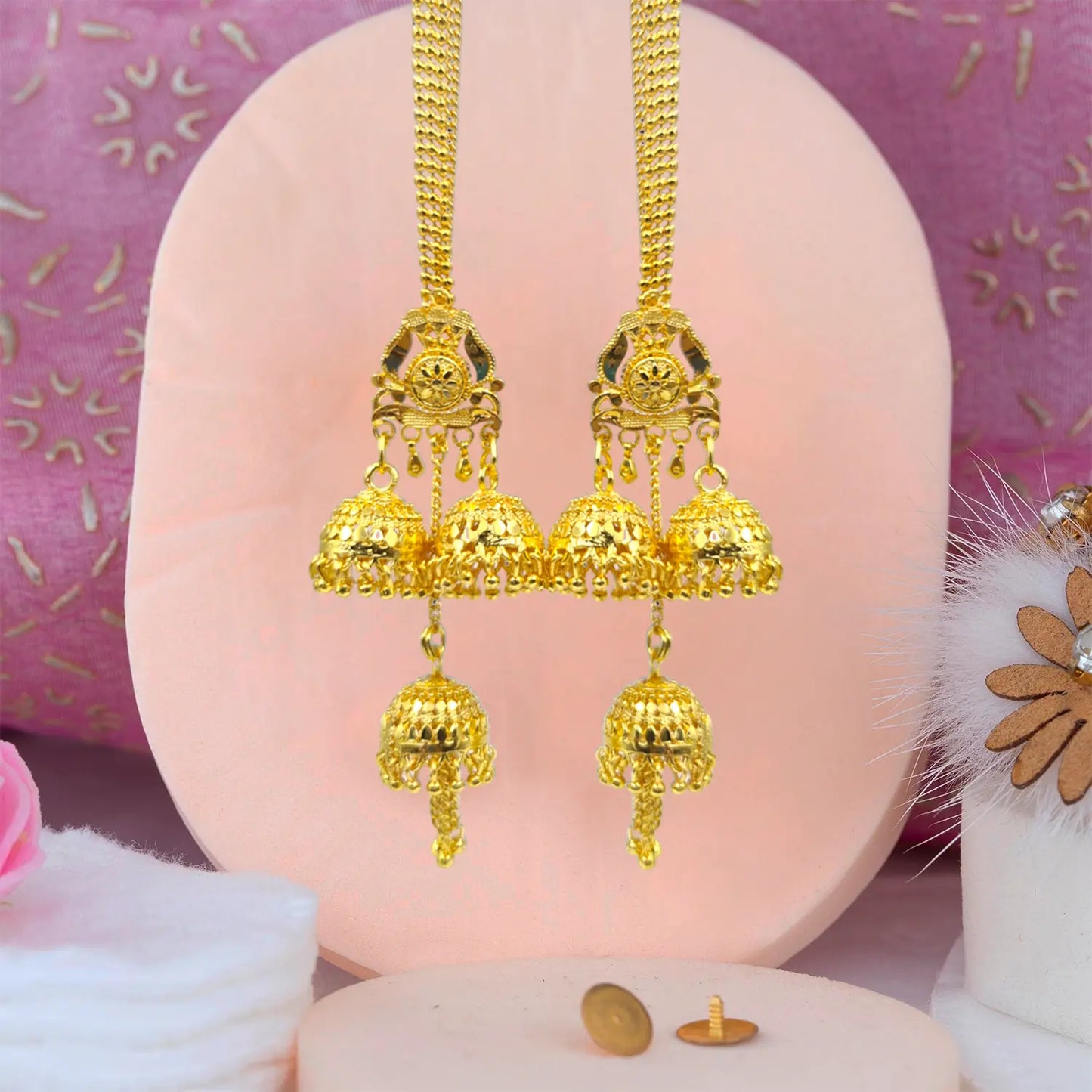 Gold Plated Chain Jhumka Earrings – Traditional Indian Temple Jewelry Attractive Sister