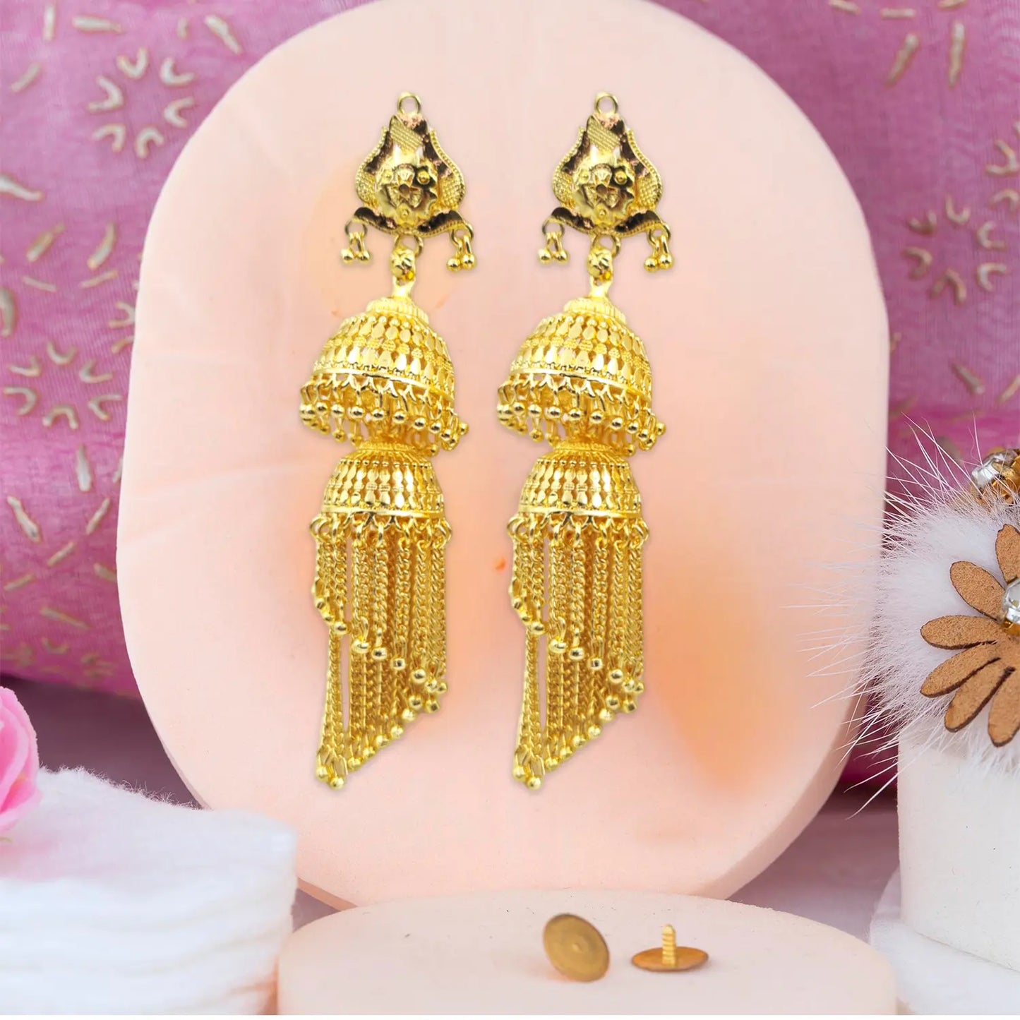Gold Plated Layered Jhumka Earrings – Traditional Ethnic Bridal Jewelry Attractive Sister
