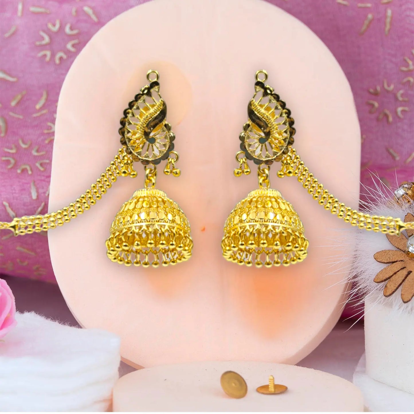 Gold Plated Jhumka Earrings with Hair Chain – Bridal & Ethnic Jewelry Attractive Sister