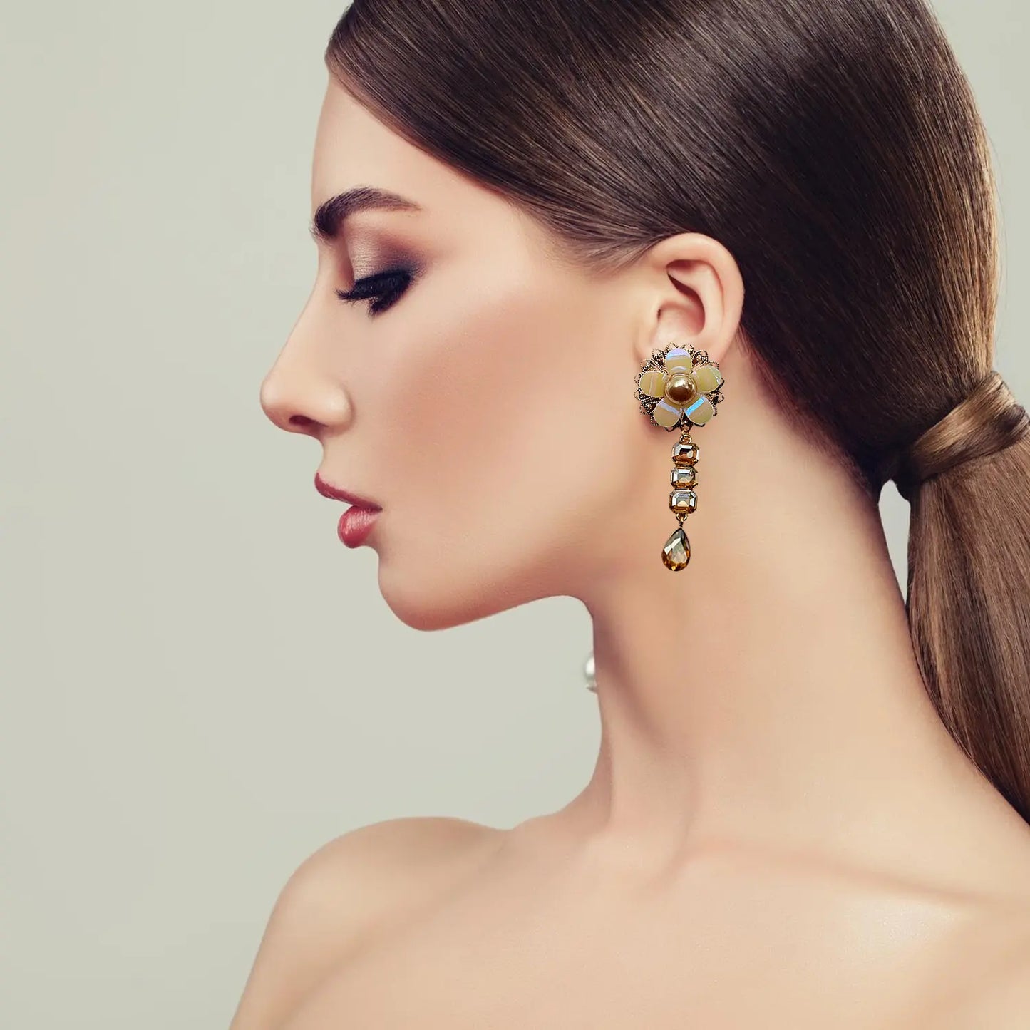 "Gilded Opulence: Red Rhinestone and Pearl Drop Earrings" Attractive Sister