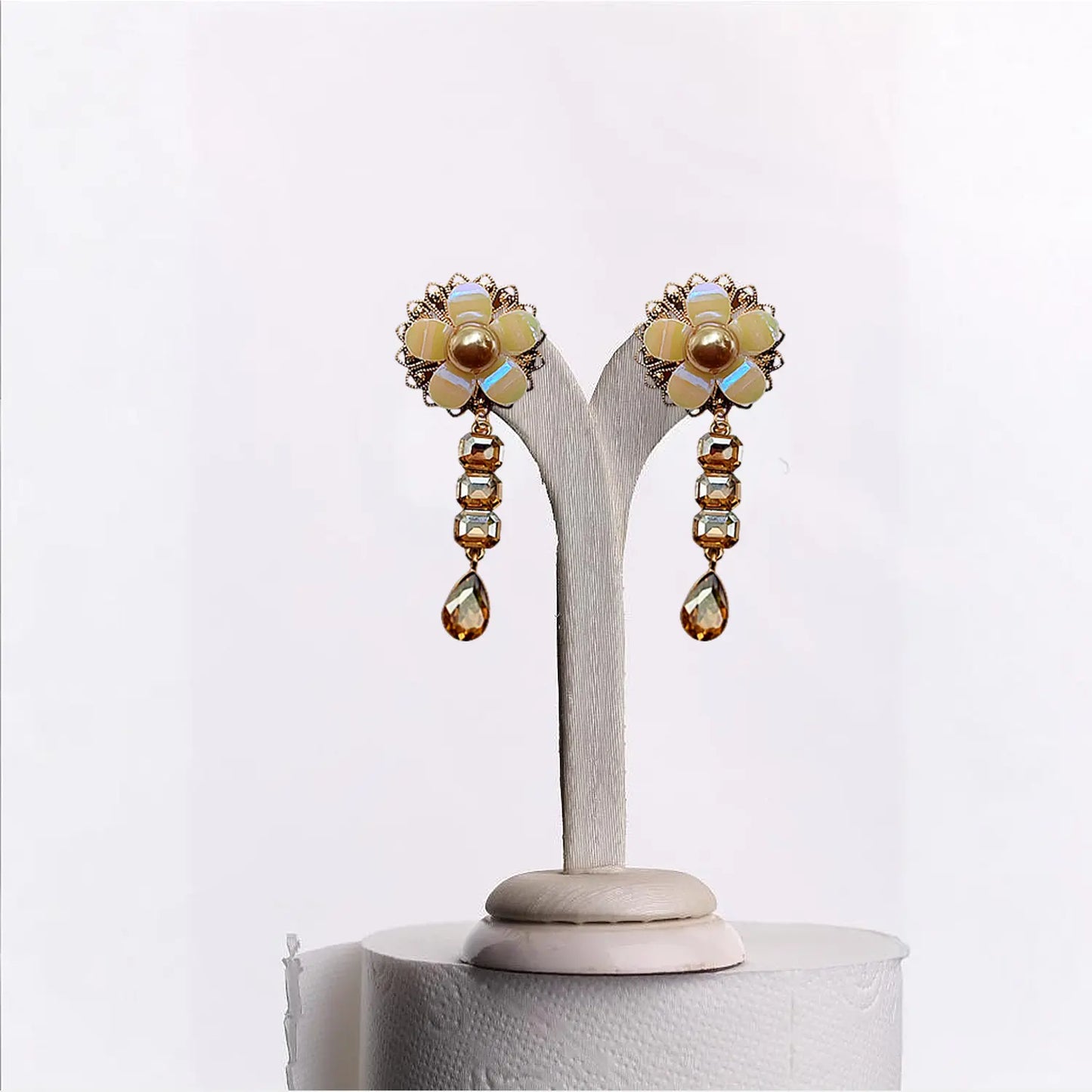 "Gilded Opulence: Red Rhinestone and Pearl Drop Earrings" Attractive Sister
